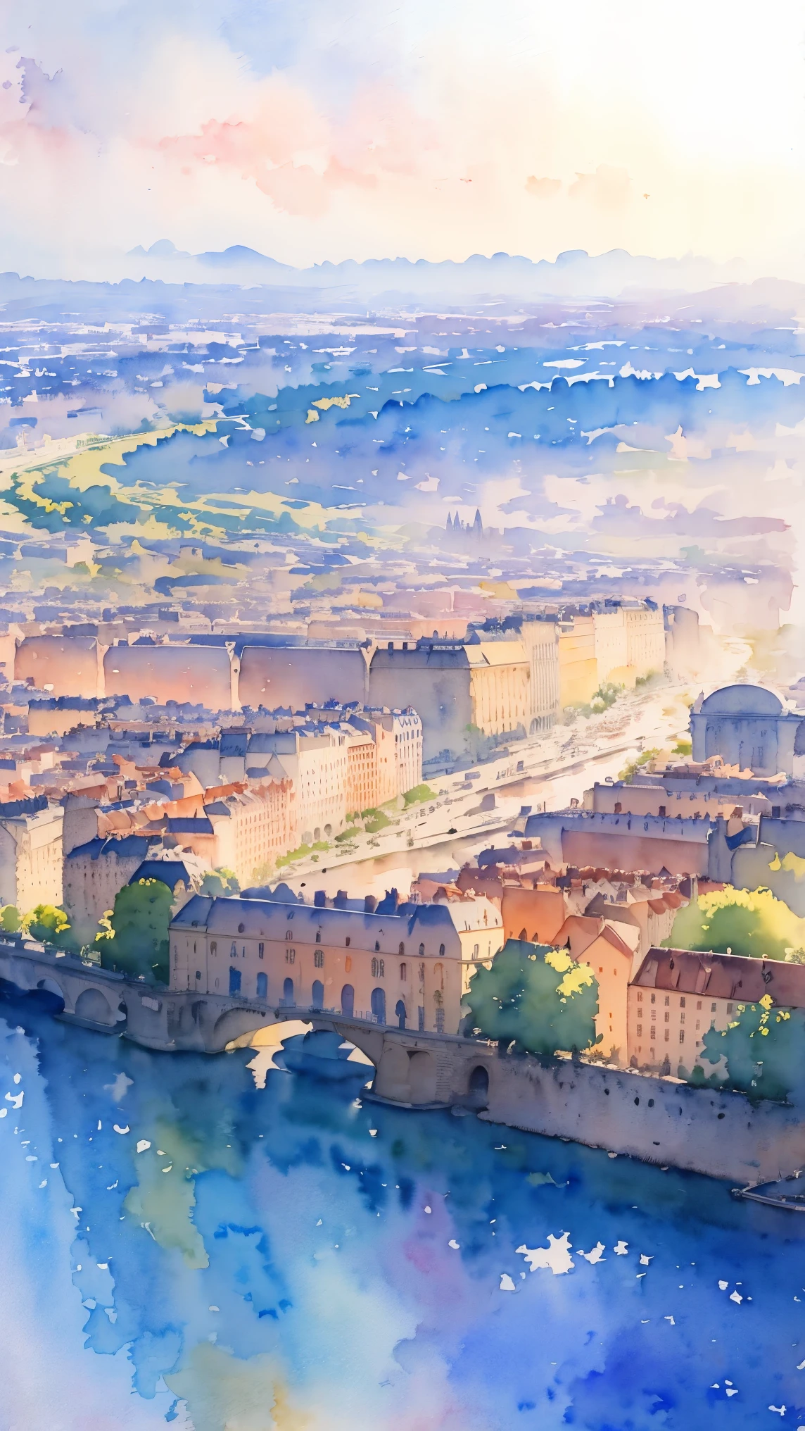 (masterpiece:1.2, Highest quality),(Very detailed),(((watercolor))),8K,wallpaper,Landscape of France,Paris city,From the sky