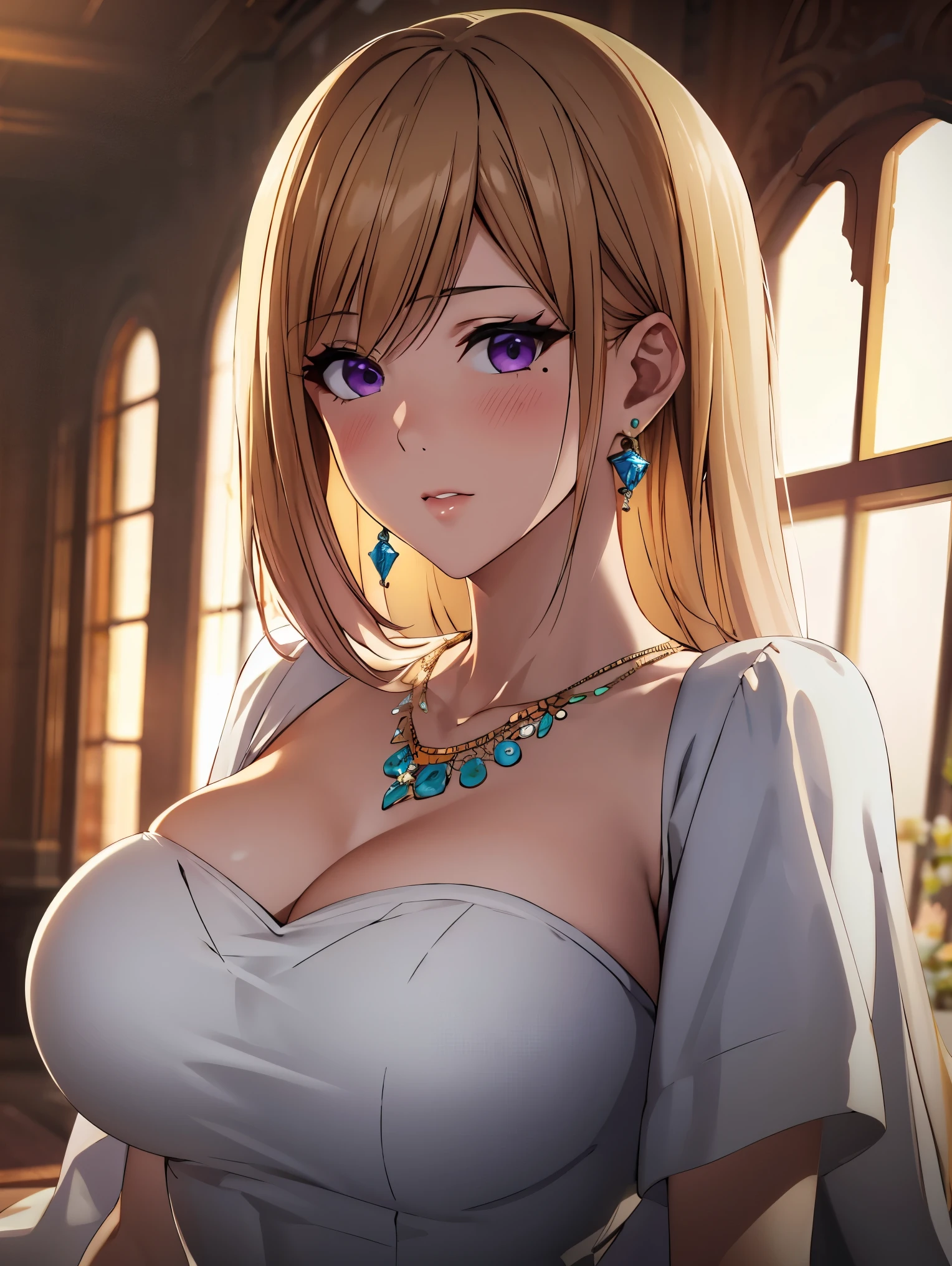 masterpiece, (best quality), 1woman,1girl ,1boy,,kawakami_mai,    blonde hair,  long hair, hair let down,  purple eyes, formal dress, white dress,   jewelry, necklace, earrings, large breasts, mole under eye, embarrassed,blush,  formal ,   vibrant colors ,,natural lighting  ,RTX,  , beautiful, (detailed face:1.2), showcase, (perfect eyes:1.1) ,(photorealistic:1.1), 8k uhd,  looking at viewer, indoorackround