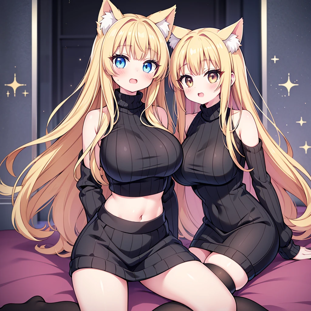 (cute eyes:1.2), (sparkling eyes:1.2), highest quality,wonderful,finely,extremely detailed CG Unity 8K wallpaper, 1 girl, single, alone, Beautiful woman、I could see the whole body、 ((Wavy mid-hair, bangs, gold hair)), ((Brown eyes, Beautiful eyelashes, Realistic eyes)), ((Detailed face, blush:1.2)), ((Smooth texture:0.75, Realistic texture:0.65, Realistic:1.1, Anime CG Style)), Medium , Dynamic Angle, Perfect body, Upper grades、A shy smile, , (sweater dress:1.2), (ribbed sweater,sideboob,cleavat, turtleneck sweater,(black sweater:1.4),crop top navel), (huge breasts), (ope:1.1), (long tongue:1.1), (mouth drool:1.1), (black stockings:1.1),(Thighs:1.2),(Waistline:1.2),(midriff peek:1.2)
garota de anime com seios grandes sentadama cama com orelhas de gato, linda garota-gato de anime, garota anime sedutora, anime catgirl, gato anime muito linda, cute anime catgirl, anime cat, gato branco, raposa de cabelos brancos, holo is a wolf girl, anime waifu, Nekomimi, Nyaruko-san, garota gato atraente