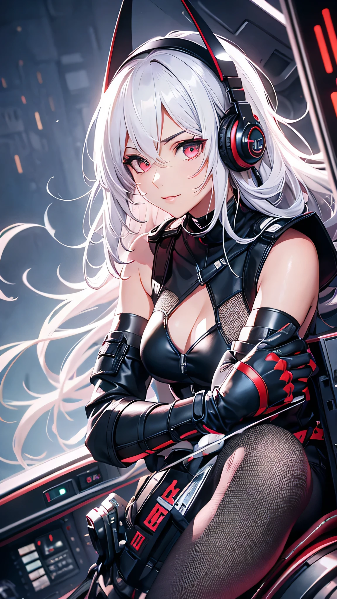 Highest quality、Highest quality、Masterpiece、girl((20-year-old、as soon as、Highest Bust、Medium Bust、Wide open chest、Red glowing eyes、Light Silver Hair、Disheveled Hair、Loincloth、thin、The best valley、Open chest、Full body view、Leather Tank Top、Leather pants、Smile、Leaning forward greatly,Perforated gloves、A tense face、Red headphones))、high quality、Beautiful Art、background((Space Station、In the cockpit))、flight、Flying Debris、Depth of text、movie、Visual Arts、Perfect Art、8K、Genuine、
