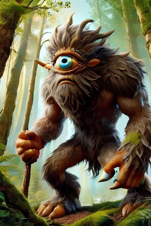 cyclops in a mythical forest, masterpiece, perfect face, intricate details, full body, monstrous, horror theme cyclops person