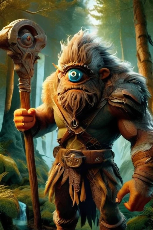 cyclops in a mythical forest, masterpiece, perfect face, intricate details, full body, monstrous, horror theme cyclops person