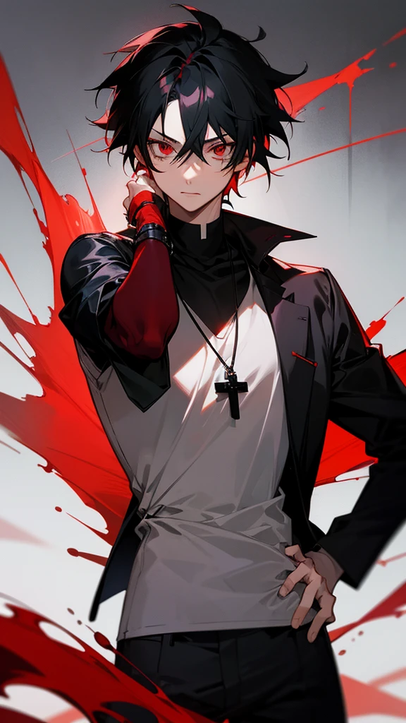 Anime tenage boy with redish black hair and a scar on his left eye with red blood eyes black tught shirt a cross necklace and a red xhacket.