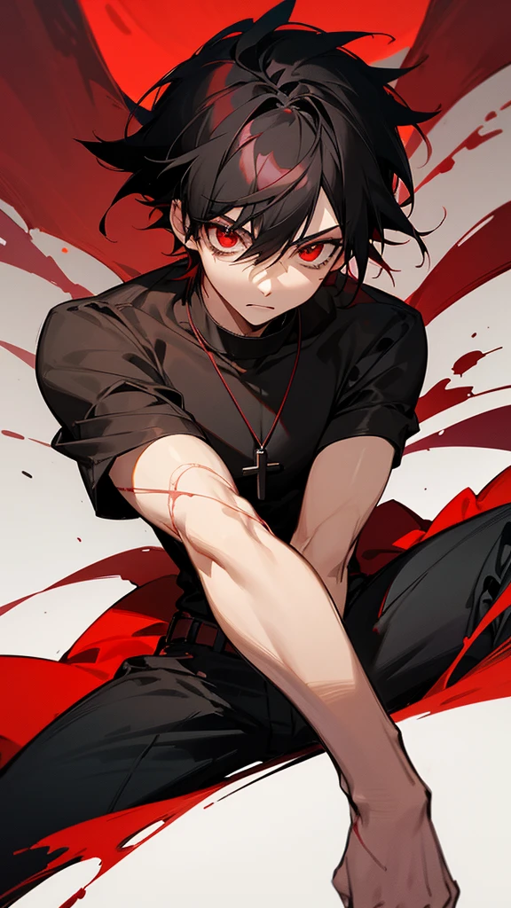 Anime age boy with redish black hair and a scar on his left eye with red blood eyes black tught shirt a cross necklace and a red xhacket.