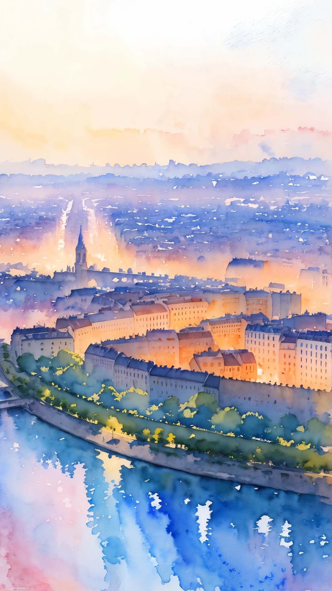 (masterpiece:1.2, Highest quality),(Very detailed),(((watercolor))),8K,wallpaper,Landscape of France,Paris city,From the sky,night