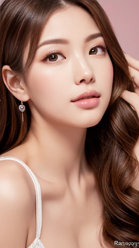 (8K, High resolution, High resolution), ((((photograph, RAWphotograph, Hyperrealism, masterpiece, Highest quality, ultra High resolution)))), (Pin Light, Backlight, Backlight, Cinematic Light), Sharp focus:1. 4, (Hyper Detail, In detail), face close, close, 1 girl, Oval Face, big, Beautiful cat-like eyes, Cute Button Nose, Small and fairly full lips, Thick eyebrows and long, beautiful eyelashes. Transparent throughout makeup, Apply a touch of pink to your cheeks、Lip gloss makes it sparkle. Her hairstyle is long and wavy..Nightclub