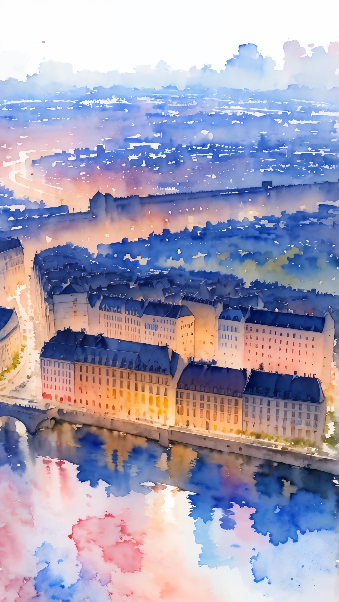 (masterpiece:1.2, Highest quality),(Very detailed),(((watercolor))),8K,wallpaper,Landscape of France,Paris city,From the sky,night