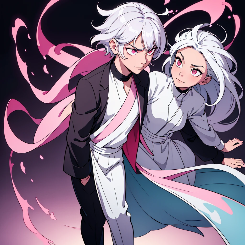 short white hair, highres, high resolution, masterpiece, wide dark pink eyes, talking, grinning, confident, masterpiece, best quality, highres, 1 man, Gojo Satoru jujutsu kaisen, wavy hair, white hair, medium short hair, teenager, colorful hair, light background, full body, teenager, colorful parts, symbols, dark , bold, realistic mixing dark lines and loose lines, bold lines, on paper, human man, full body, imposing pose, stylish outfit, dark theme, beautiful, pretty, modest, standing, male, sharp chin, high cheekbones, white background, highres, high resolution, masterpiece, 1 person, 1 human, 1 entity