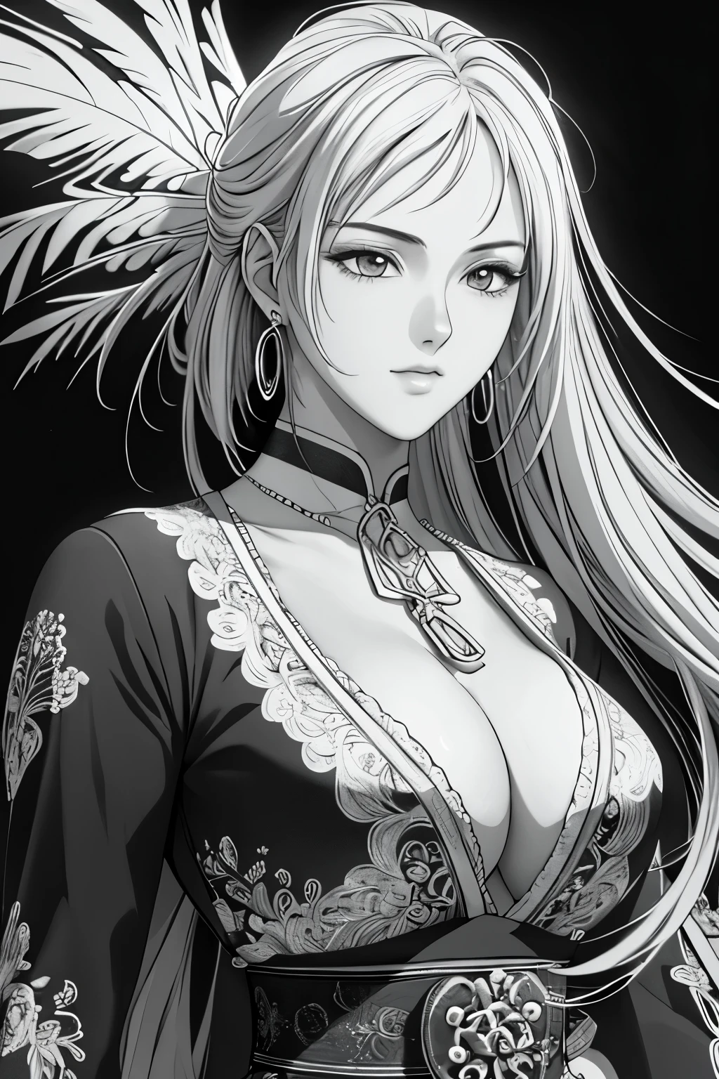 (masterpiece, Highest quality, Highest quality, Official Art, Beautiful and aesthetic:1.2), (Highest quality, masterpiece painting:1.3), black and white line drawings,(Monochrome:1.4),((white background)),Immature woman, , (Half Body Shot), masterpiece, Ultra-high resolution, , Abstract art, (Side shot), (Photorealistic:1.0),((white hair)),Straight hair, Beautiful and shiny hair, 白くGlowing Skin, Picturesque, sketch, texture, Ultra-high resolution, alone, Beautiful woman, Very detailed, (Fractal Art:1.1), Most detailed, (Tangled:1.2), (Dynamic pose), (Abstract background:1.3), (Glowing Skin), (Earrings:1.4), (feather:0.9), Taisho romance