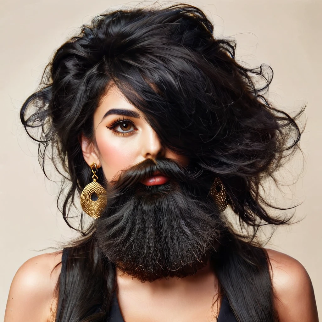 white woman bearded to the cheeks and hairy neck, large nose, makeup, black hair tied back, wears a huge shaggy beard, thick and neat, black eyes, large golden earrings