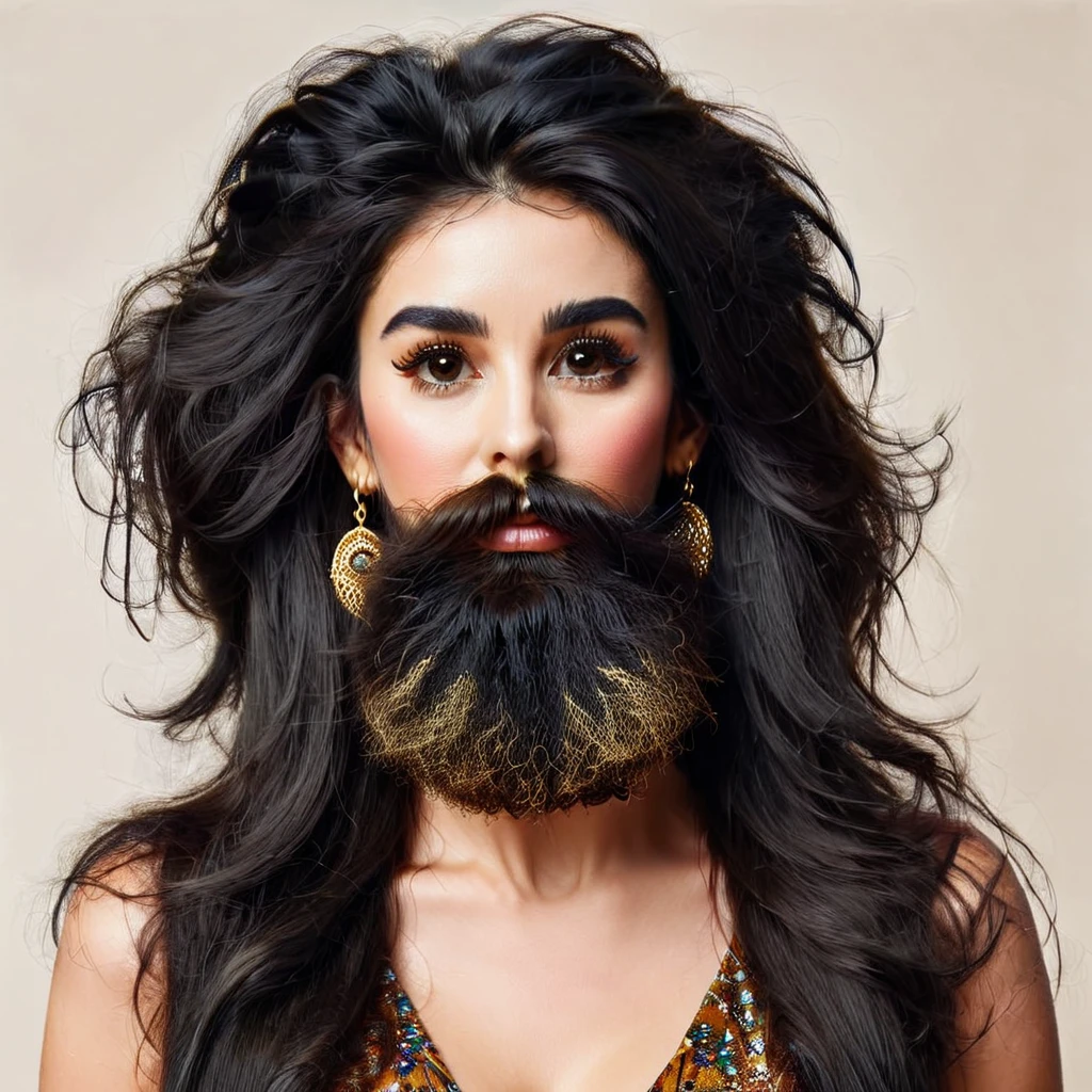 white woman bearded to the cheeks and hairy neck, large nose, makeup, black hair tied back, wears a huge shaggy beard, thick and neat, black eyes, large golden earrings