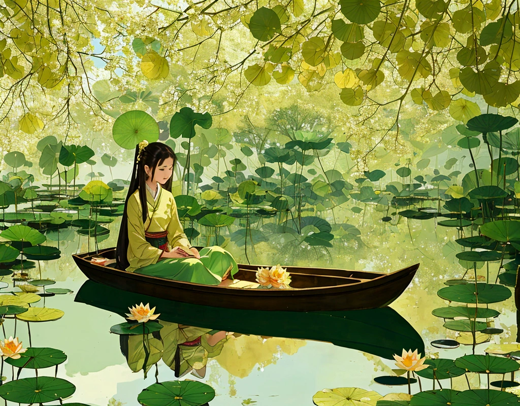 In a tranquil lotus pond, a girl sat in a small boat, gently picking lotus flowers. The pond was filled with lush green leaves and vibrant blossoms. Sunlight filtered through the leaves, casting a gentle, golden glow over the scene.