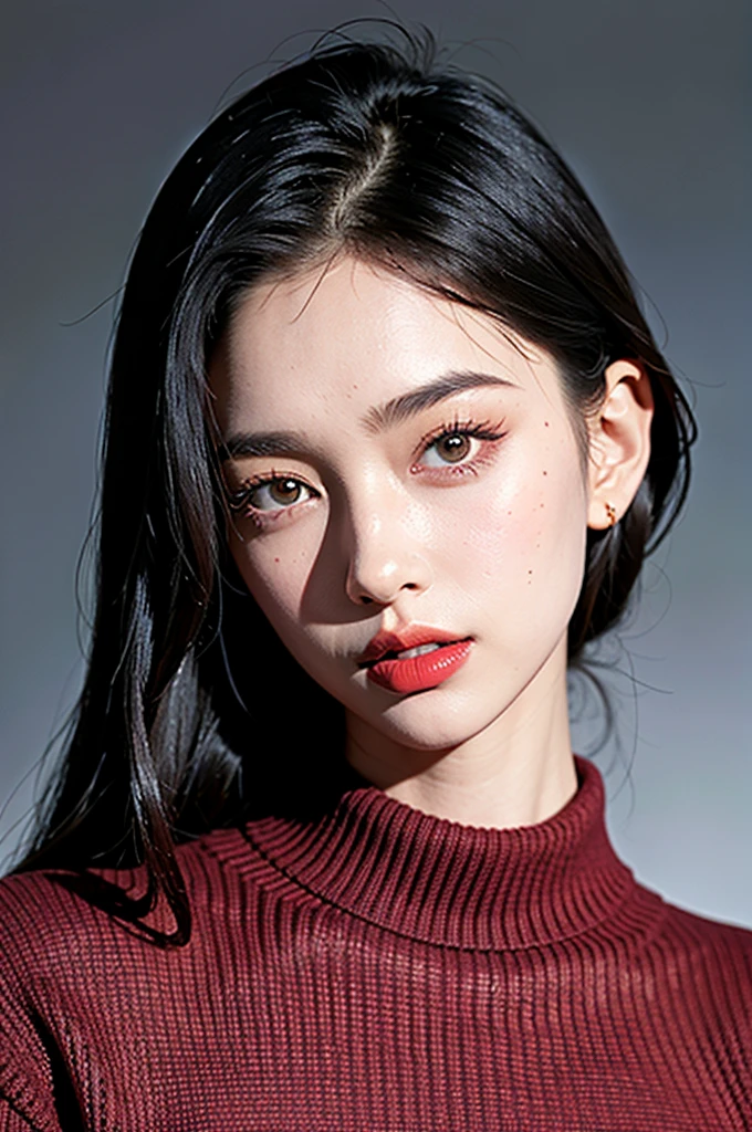 1girl, sweater, gris background, red lips focus on the face and neck