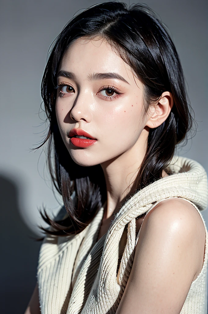 1girl, sweater, gris background, red lips focus on the face and neck