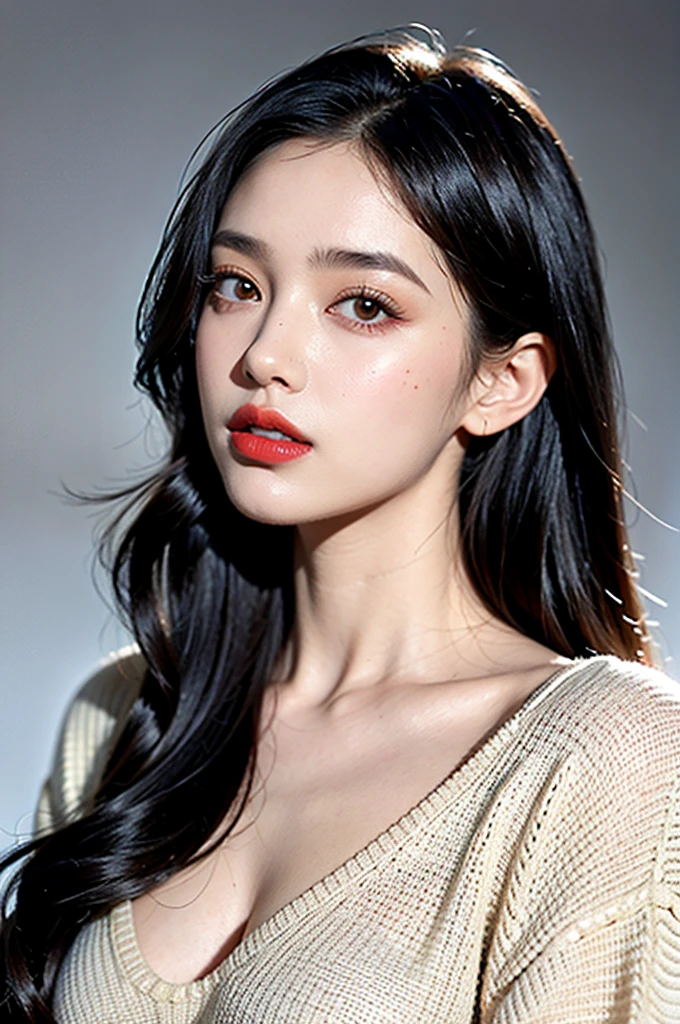 1girl, sweater, gris background, red lips focus on the face and neck