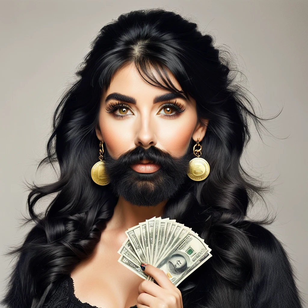 
white woman bearded to the cheeks and hairy neck, big nose, makeup, black hair tied back, wears huge shaggy, thick and neat beard, black eyes, big golden earrings, holds dollar bills