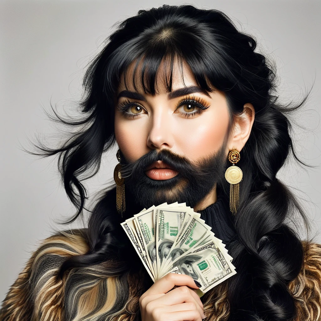 
white woman bearded to the cheeks and hairy neck, big nose, makeup, black hair tied back, wears huge shaggy, thick and neat beard, black eyes, big golden earrings, holds dollar bills