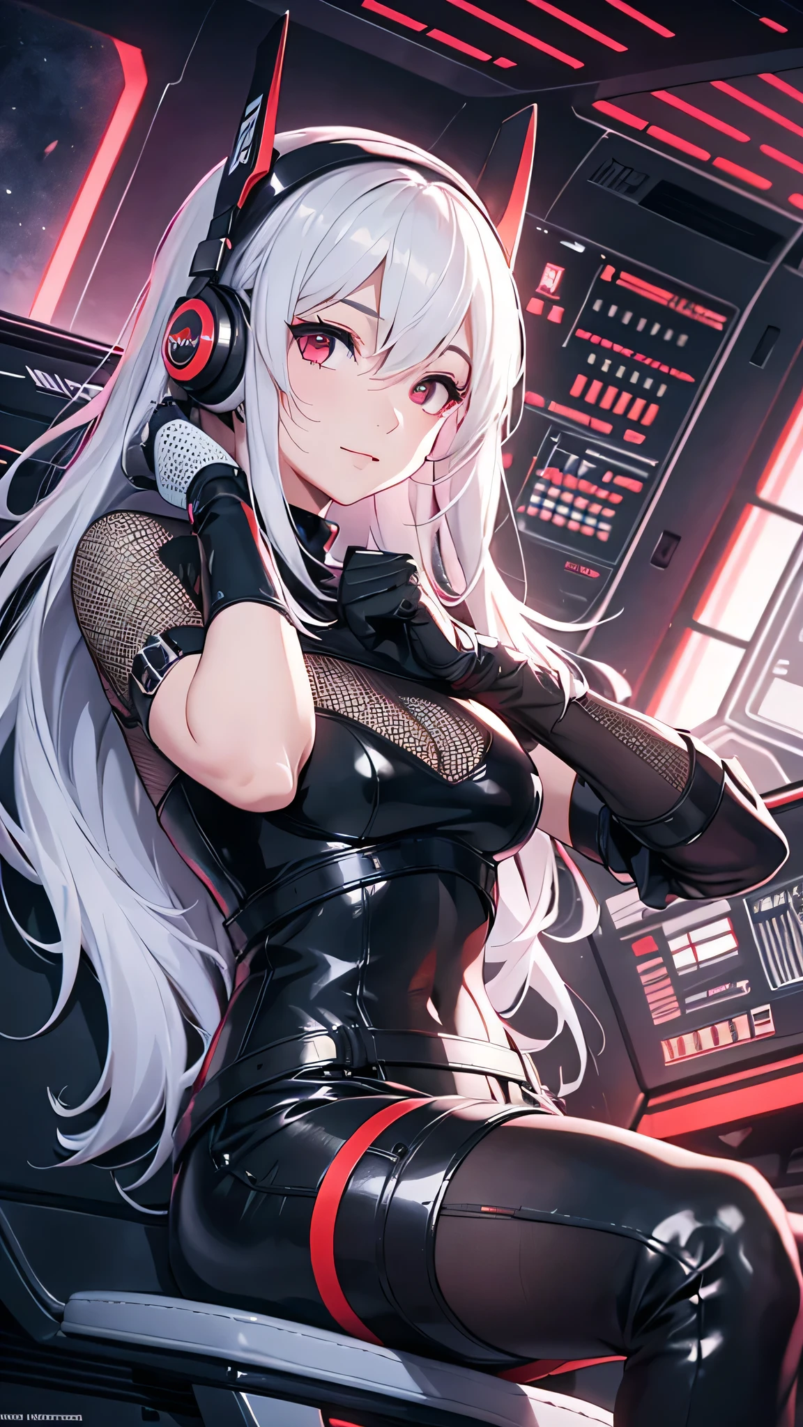 Highest quality、Highest quality、Masterpiece、girl((20-year-old、as soon as、Highest Bust、Medium Bust、Wide open chest、Red glowing eyes、Light Silver Hair、Disheveled Hair、Loincloth、thin、The best valley、Open chest、Full body view、Leather Tank Top、Leather pants、Smile、Leaning forward greatly,Perforated gloves、A tense face、Red headphones))、high quality、Beautiful Art、background((Space Station、In the cockpit))、flight、Flying Debris、Depth of text、movie、Visual Arts、Perfect Art、8K、Genuine、