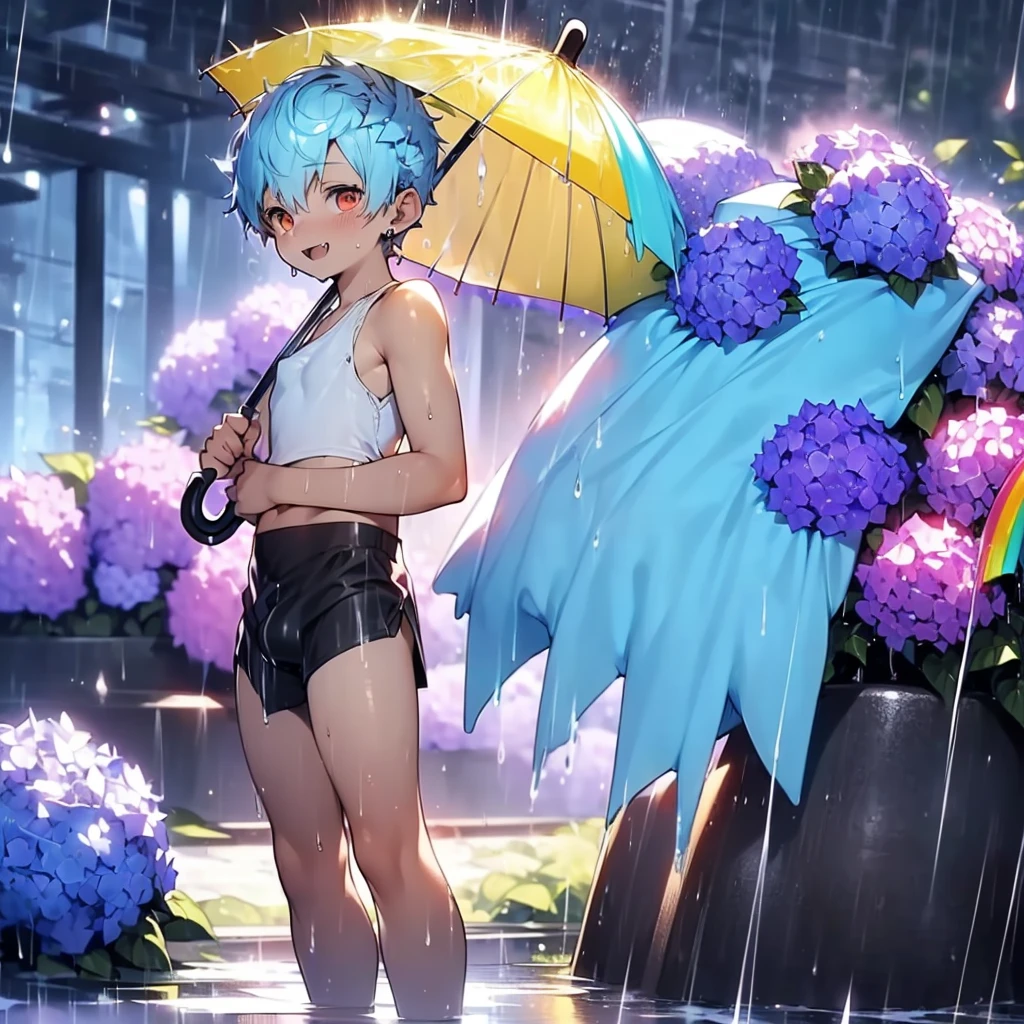 ((solo)), (boldline:-1.8), (yellow see throgh umbrella:1.8), (arched back:1.3), ((bubble)), (standing:1.5), (((fang))), (((best finger))), BREAK (best quality:1.5), (absolutely resolution:1.5), (ultra detailed:1.5), (masterpiece:1.5), (perfect face), (detailed face), (detailed eyes:1.5), (best eyes:1.5), (cute face), (shota:2), BREAK (black tank top:1.5), BREAK (white loincloth:1.5), (see throgh wet clothes:1.3), (bulge:1.6), (skinny:1.3), BREAK (light blue hair:1.5), (spiked hair), BREAK (wine red eyes:1.4), (eyes with highlight:1.6), ((mole under eye)), (sweaty skin), (chuckling:1.5), (open mouth:1.3), ((earrings)), (shiny skin:1.3), BREAK (purple hydrangea:1.5), (road:1.3), (rainbow:1.5), (sunlight), (heavy rain:1.8), ((wind blowing)), (((nipple))), (abs), groin, water splashing, from below,