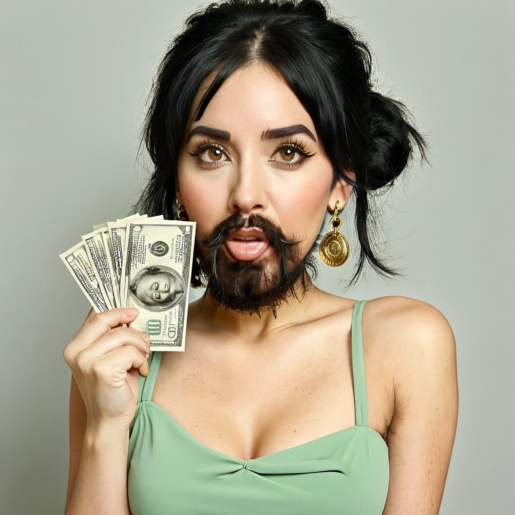 
white woman bearded to the cheeks and hairy neck, big nose, makeup, black hair tied back, wears huge shaggy, thick and neat beard, black eyes, big golden earrings, holds dollar bills