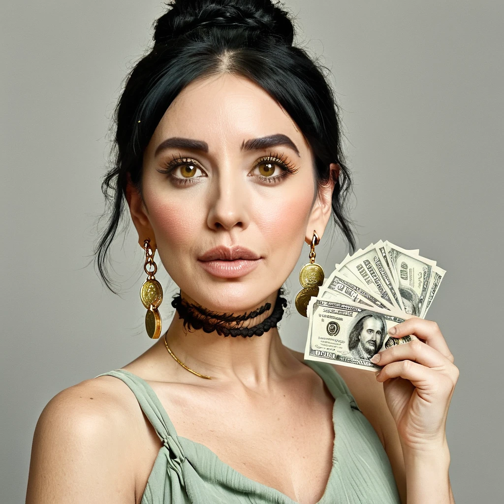 
white woman bearded to the cheeks and hairy neck, big nose, makeup, black hair tied back, wears huge shaggy, thick and neat beard, black eyes, big golden earrings, holds dollar bills