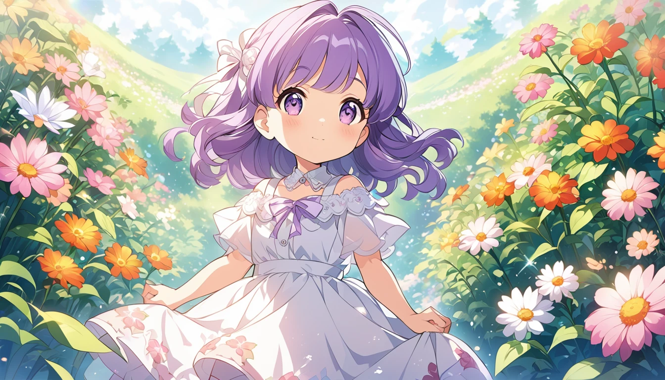 cartoon girl with long purple hair, standing in a field of flowers, anime image of a cute girl, cute anime waifu in a nice dress, cute anime girl, , cute anime,  in a dress, splash art anime , soft anime illustration, cute art style, cute anime style, young anime girl, anime moe artstyle