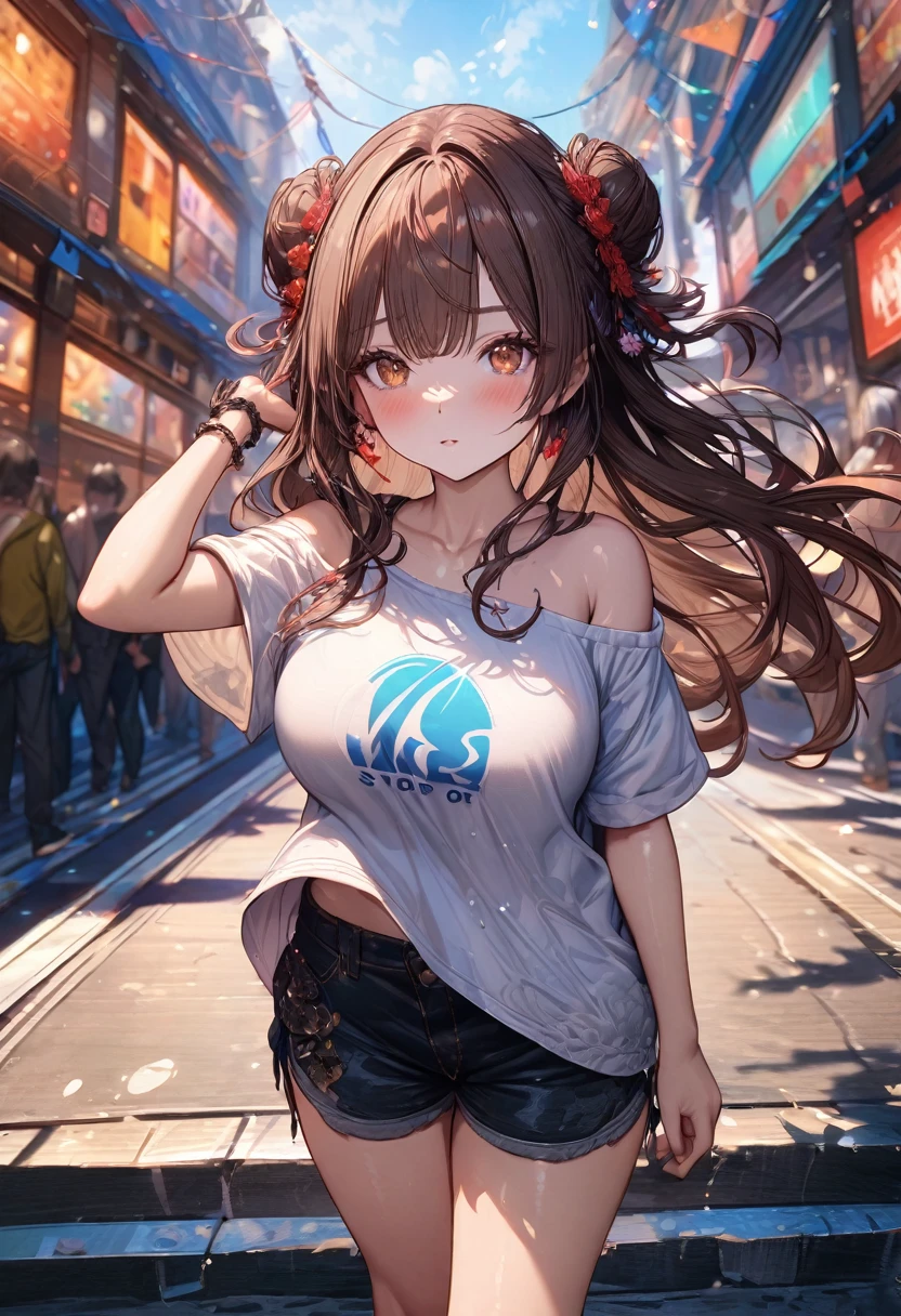 ((masterpiece:0), best quality, very aesthetic, newest, absurdres, detailed, high quality)
BREAK
highest quality, top quality, details, highres, ultra fine painting, digital art, official art, cinematic, 4k, 8k resolution, 8K CG wallpaper, CG, original artwork, detailed background, colorful background, blue atmosphere, High Dynamic Range, blurry background, blue hour, Starburst effects, crepuscular rays, good ISO, high resolution, wide shot, from far away, RAW photo, POV, sharp focus, light reflection, reflections, intricate details, soft light, particle noise, professional photography, bokeh, depth of field, natural lighting, vibrant colors, looking away, detailed lights and shadows, stylish, ultra-detailed, top rated on Pixiv, trending on Artstation, niji style, modern-days, master crafted, pose
BREAK
solo, close up shot, from above, 1girl, pale skin, correct fingers, detailed hand, (big breasts:1.2), big thighs, small torso, short body, flushtered, blush, anxious expression, embarassed, embarassed act, casual, slim, ((cute, childlike face):1.3), nice hips, nice body, brown hair, (very long flowing hair), (big 2 buns hairstyle)), long bangs, long hair, middle hair bangs, brown eyes
BREAK
((white oversized t-shirt with the logo of manga series on it. The shirt is big enough that it hangs off one of her shoulders, exposing some of her skin. She's also wearing some short, loose-fitting shorts that stop just above her thighs, letting the lower part of her legs bare))
BREAK
a person walking down a street with a crowd of people, crowded street, crowded streets, in front of a large crowd, giant crowd, girl walking through city, people walking down a street