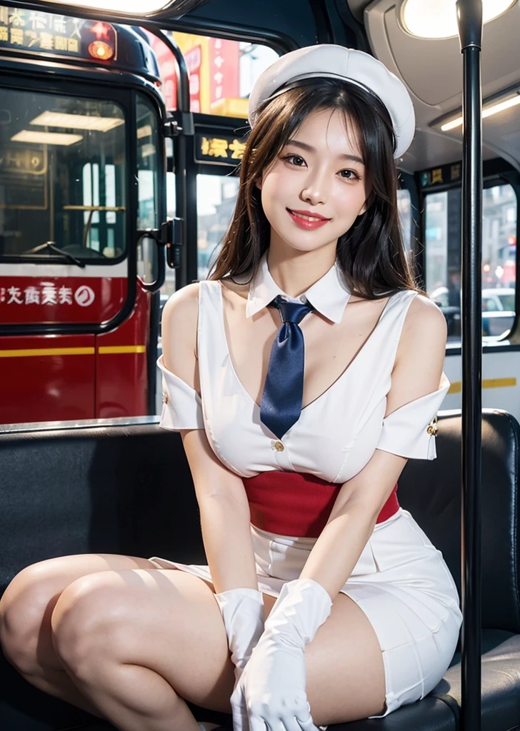 ((((((Mid-chest))))))、(((((My chest is visible))))),(((Open the front of your blouse with both hands、Showing her breasts to me))),Japanese,23 years old,woman,Brown long straight hair,Detail face,Detail lips,Details,double eyelid,Wet body,perfect body,Trained abdominal muscles,Shiny skin,Highest quality,日本のwoman一人,diamond,Earrings,(((whole body,Includes legs)))、(((The perfect uniform of a Japanese stewardess, Blue striped tie, Best Dressed Uniform、Small hat, white formal Short gloves,(黒のHigh heels), ((Mini microphone in hand))),Bus Guide,日本のBus Guide、小さなsmile,White blouse,Tight blouse)))、(((Navy bowler hat),Navy hat)), White gloves, Short gloves, High heels、Dress up、(Photo realistic:1.4)、(Surreal:1.4)、(Realistic:1.3)、 (Gentle lighting: 1.05)、(Improve the lighting quality of your videos:0.9)、32k、 One girl、28歳のwoman、Photorealistic Lighting、Backlight、Facial Light、Ray-tracing、(bright:1.2)、(Improvement of quality:1.4)、 (Highest quality real texture skins)、Beautiful Eyes,Delicate and elegant features, Chest close-up, White blouse,Tight blouse,tight Best Dressed Uniform, (Improve your body line mood:1.1)、小さなsmile, (((Medium Bust,Beautiful breasts))),(Perfect teeth alignment),Dynamic pose,Sculpture Pose,Very beautiful night view、at night、smile,(((by bus))),Upper body close-up
