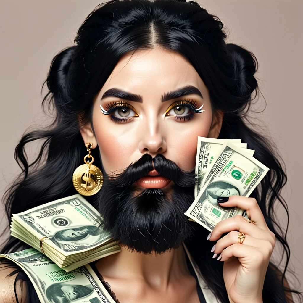 
white woman bearded to the cheeks and hairy neck, big nose, makeup, black hair tied back, wears huge shaggy, thick and neat beard, black eyes, big golden earrings, holds dollar bills