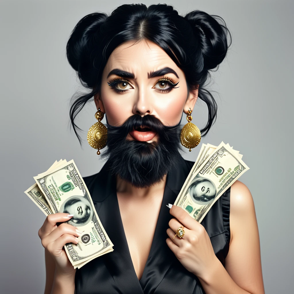 white woman bearded to the cheeks and hairy neck, big nose, makeup, black hair tied back, wears huge shaggy, thick and neat beard, black eyes, big golden earrings, holds dollar bills