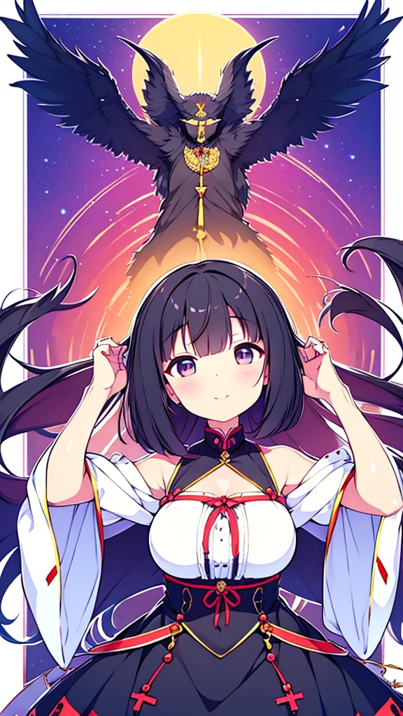 (Pequeña demonio:1.2), (1 person:1.2),( de 10 años)、、big breasts、 NFFSW、shadow、big breasts、very detailed eyes、wide、big breasts、aunt lateral、under the chest、shiny neckline、black fur、silky hair、knitted dress(Fine white fabric、skirt lisaini colors)、ultra intricate pupil in eyes、of the highest quality、bright colors、Bust 100、rest、Footer image of the game.、Stirring composition、Composition looking up from below、Raise your with your hands、Pose that emphasizes the chest.、bend your arms、smiling expression、half closed eyes、open the mouth、stinky eyes、evil face、bullish smile、Cross your hands behind your back、Hide your hands、evil smile、whole body、beautiful