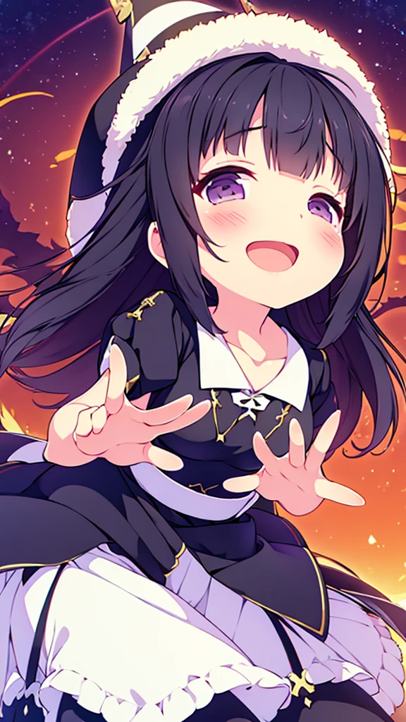 (Pequeña demonio:1.2), (1 person:1.2),(Little girl de 10 años)、、big breasts、 NFFSW、shadow、big breasts、very detailed eyes、wide、big breasts、aunt lateral、under the chest、shiny neckline、black fur、silky hair、knitted dress(Fine white fabric、skirt lisaini colors)、ultra intricate pupil in eyes、of the highest quality、bright colors、Bust 100、rest、Footer image of the game.、Stirring composition、Composition looking up from below、Raise your with your hands、Pose that emphasizes the chest.、bend your arms、smiling expression、half closed eyes、open the mouth、stinky eyes、evil face、bullish smile、Cross your hands behind your back、Hide your hands、evil smile、whole body、beautiful