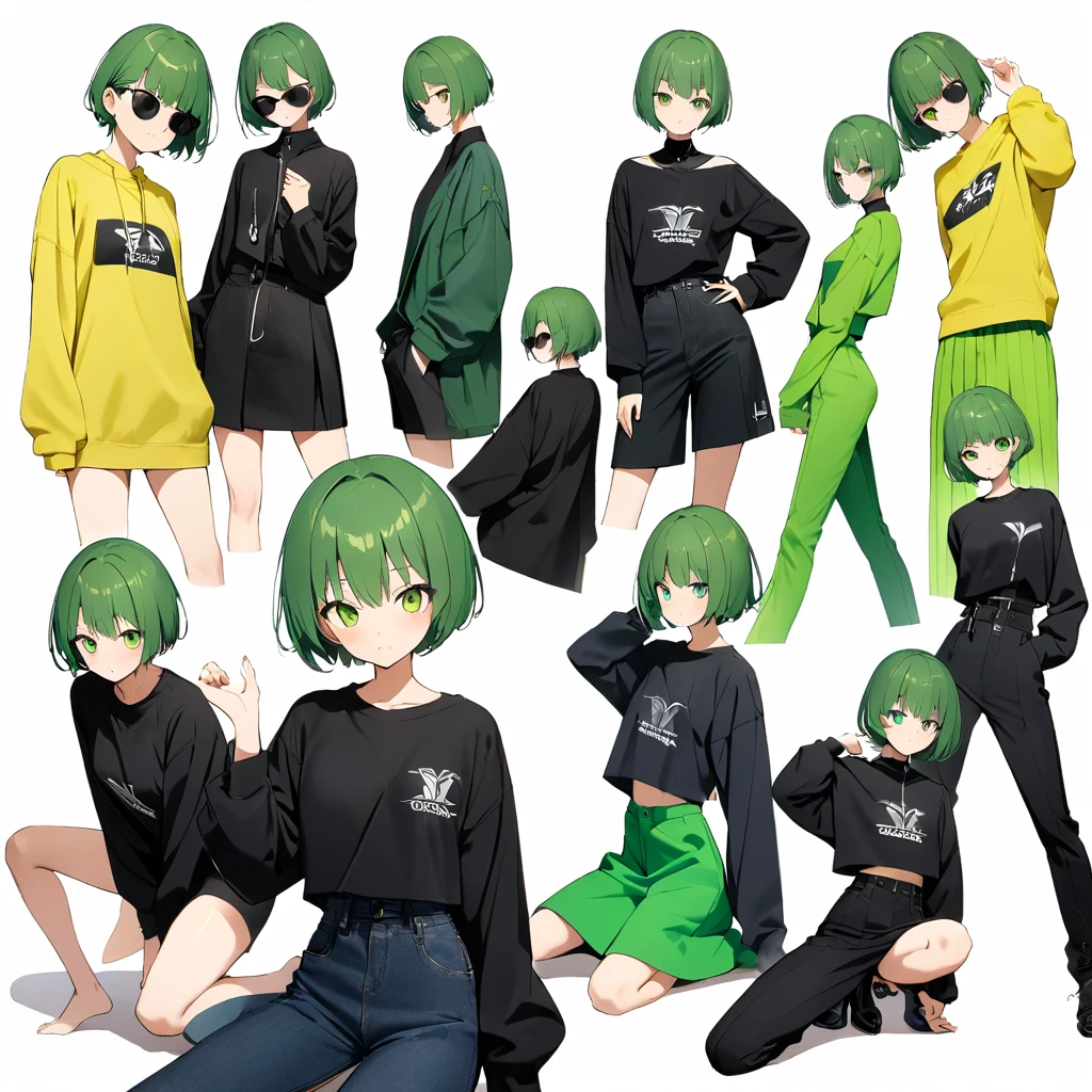 16k works,Highest quality,18-year-old,No background.White background only,whole body、Kneel,Dynamic and sexy pose, One person, Beautiful Face,, Symmetrical eyes, Perfect body, Good balance、 Perfect body、Green Hair, (Boyish short hair:1.3), High Fashion Brands, Black clothes, Wear sunglasses