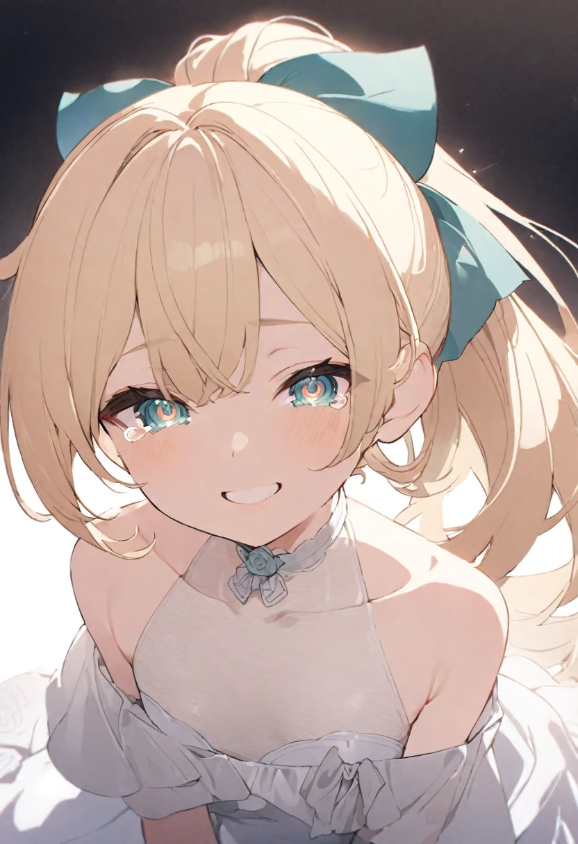 (muste piece), (best quality), very detailed eyes, expressive eyes, perfect face, very detailed face, highly detailed face, beautiful girl, 8K, beautiful girl, white background background, delicate and beautiful face and eyes, dark intense shadow,
1 girl, vtuber style, cool girl, hololive,Kazama Iroha, ponytail, blond hair, Wedding dress, small chest, cropped shoulders, clavicle, closing eyes, tears, smile with tears, body visible through clothes, chest visible through clothes, (full body), looking at viewer, standing,