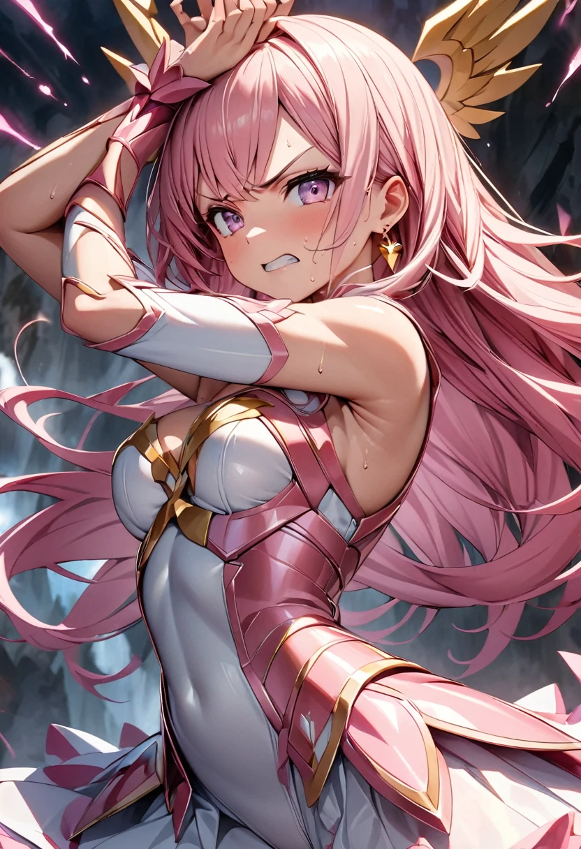 (Perfect Anatomy)、Mastepiece、Ultra High Quality、 8K、masterpiece、Highest quality、Ultra-high resolution、Maximum resolution、Very detailed、Professional Lighting、anime、woman、thin、so beautiful、Highly detailed eye、Highly detailed face、Golden earrings、Pink Hair,、Pink eyes, upper arm pink armor, white leotard, pink pattern, whole body, magical girl, Angel Girl, fighting pose, (((shoot magic from your hands))), sweat, Raise your arms and cross them over your head, magic attack, (fight multiple golem1.3), angry, From the side