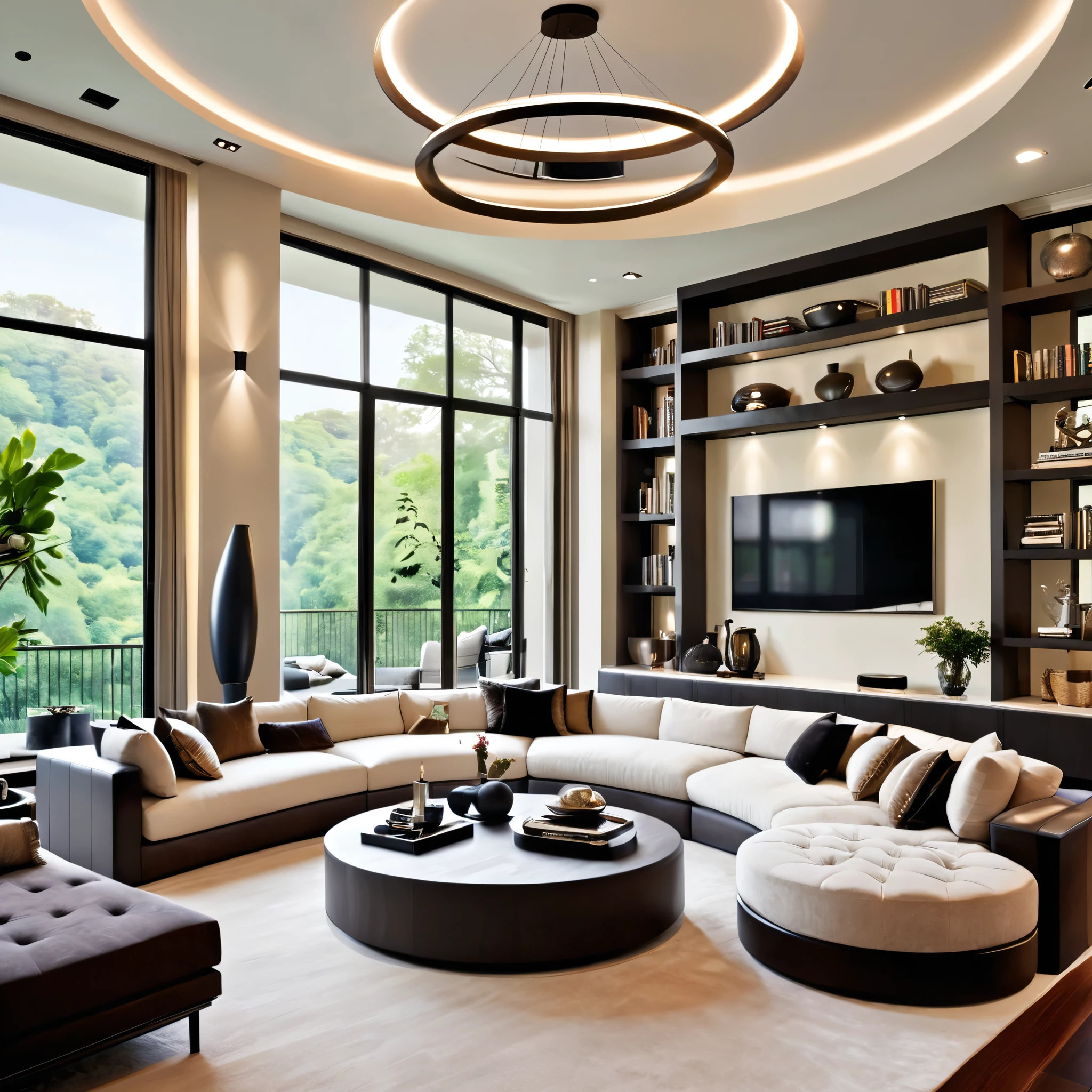 Design a luxurious and modern living room with high ceilings and a sophisticated aesthetic. The room features a large sectional sofa with a mix of neutral and dark pillows, a stylish round coffee table, and a sleek entertainment center with built-in shelving. The space is illuminated by elegant circular pendant lights hanging from the ceiling. Large floor-to-ceiling windows allow natural light to flood the room, highlighting the contemporary decor and creating an inviting atmosphere. Add a few decorative items and books on the shelves to enhance the sophisticated feel.