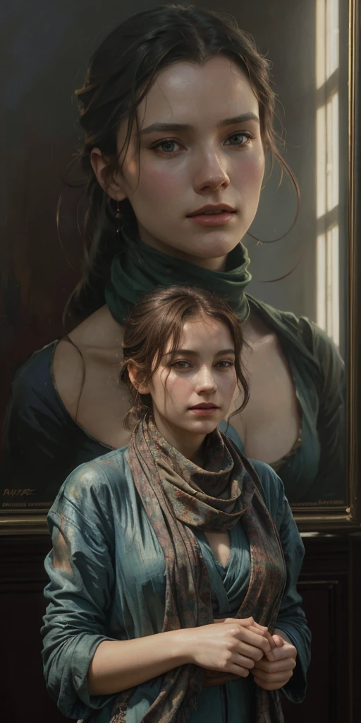 a painting of a woman with a scarf on her neck, (1girl:1.4), craig mullins alphonse mucha, artgerm craig mullins, beautiful character painting, rhads and lois van baarle, artgerm and atey ghailan, charlie bowater rich deep colors, ross tran 8 k, ( ( mads berg ) ), artgerm and craig mullins