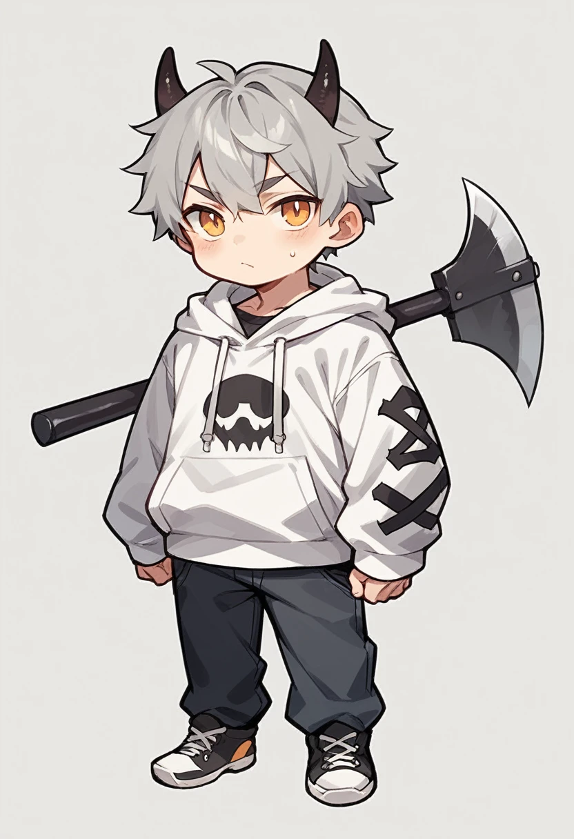 chibi drawing, Boy, white, with gray hair, wearing a white hoodie and black demon horns, with an axe