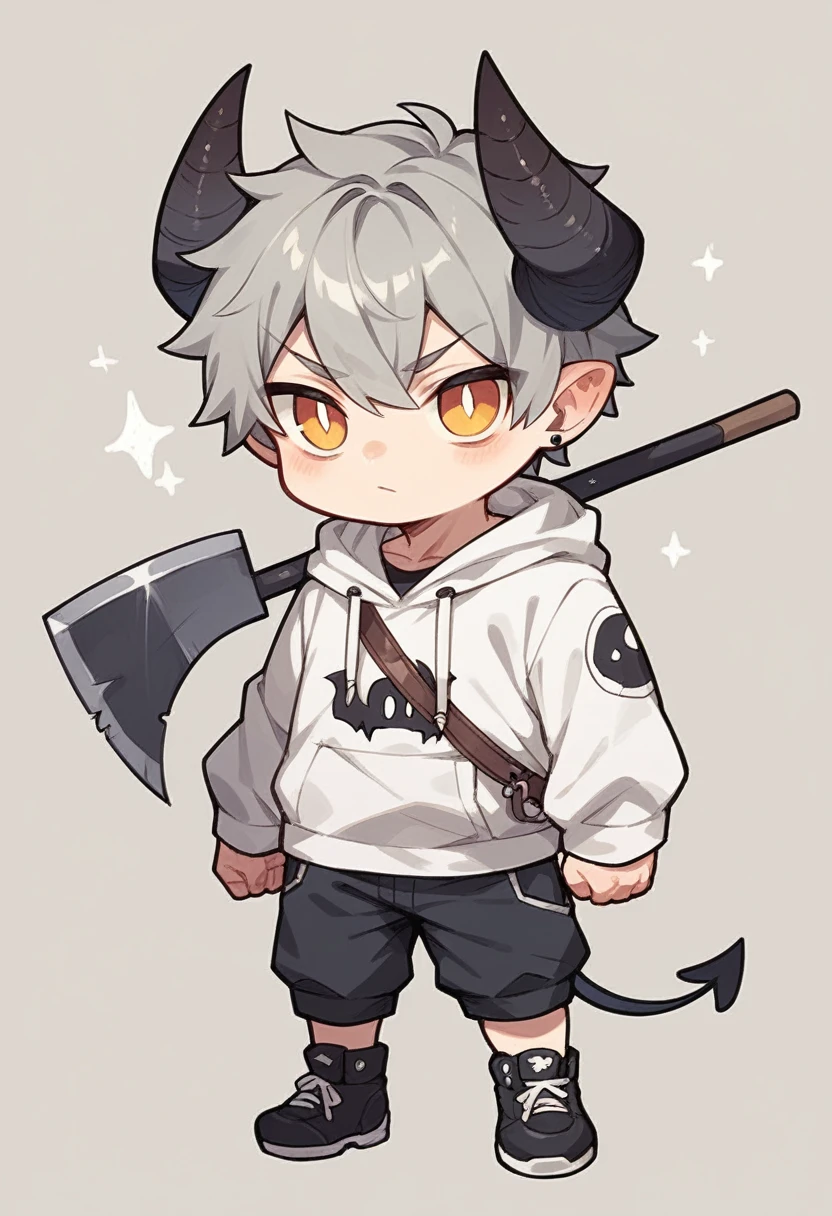 chibi drawing, Boy, white, with gray hair, wearing a white hoodie and black demon horns, with an axe