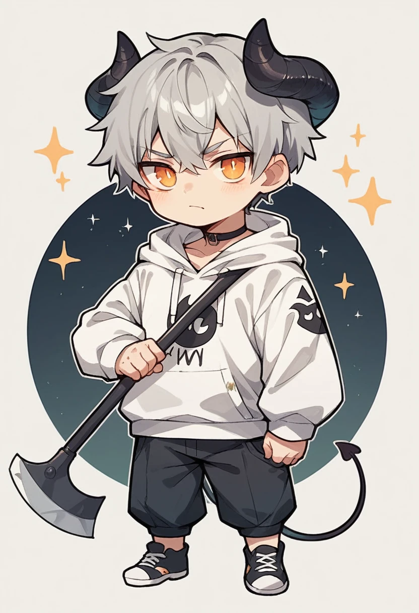 chibi drawing, Boy, white, with gray hair, wearing a white hoodie and black demon horns, with an axe