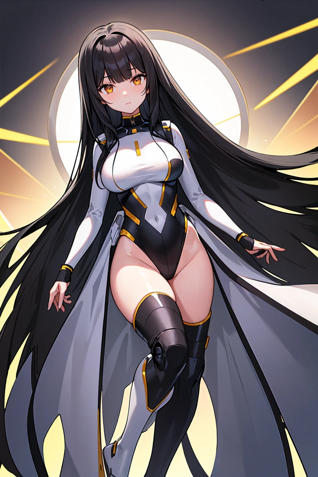 whole body,Standing posture, (alone,Beautifully arranged hair,Black Hair,Straight Long Hair,Hime cut,Cropped bangs,) (Super big breasts,Girl,), (beautifully drawn face:1.2) (High leg leotard,Sci-Fi Suit,) Expressionless,(White background)
