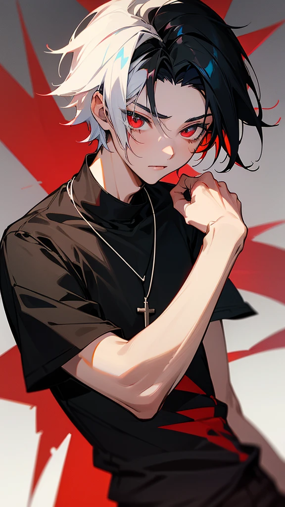 Anime 18 year old boy with redish black hair and a scar on his left eye with red blood eyes black tught shirt a cross necklace and a red xhacket.next to him an 18 year old anime 
girl with white hair and blue eyes