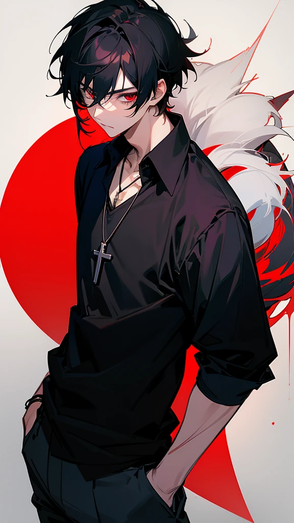 Anime 18 year old boy with redish black hair and a scar on his left eye with red blood eyes black tught shirt a cross necklace and a red xhacket.next to him an 18 year old anime 
girl with white hair and blue eyes