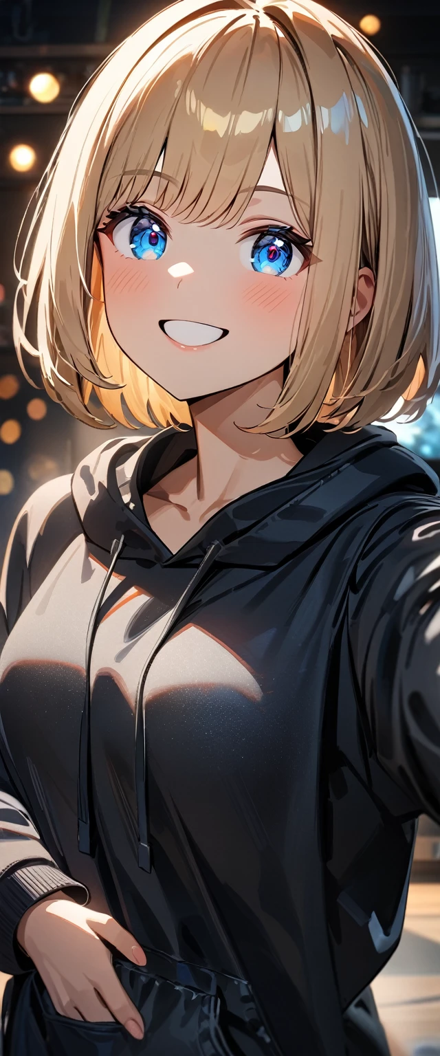 (((One girl))), blond hair, bob cut, (upper body), (looking at viewer), breasts, teenager, head tilt:1.3, (((blue eye))), (from side), selfie, hand in pocket, ((happy smile)), black hoodie, black shorts, anime style, (best quality, 4k, 8k, highres, masterpiece:1.2, ultra-detailed, ultra-detailed eyes, HDR, UHD, studio lighting, ultra-fine painting, sharp focus, physically-based rendering, extreme detail description, professional, vivid colors, bokeh)