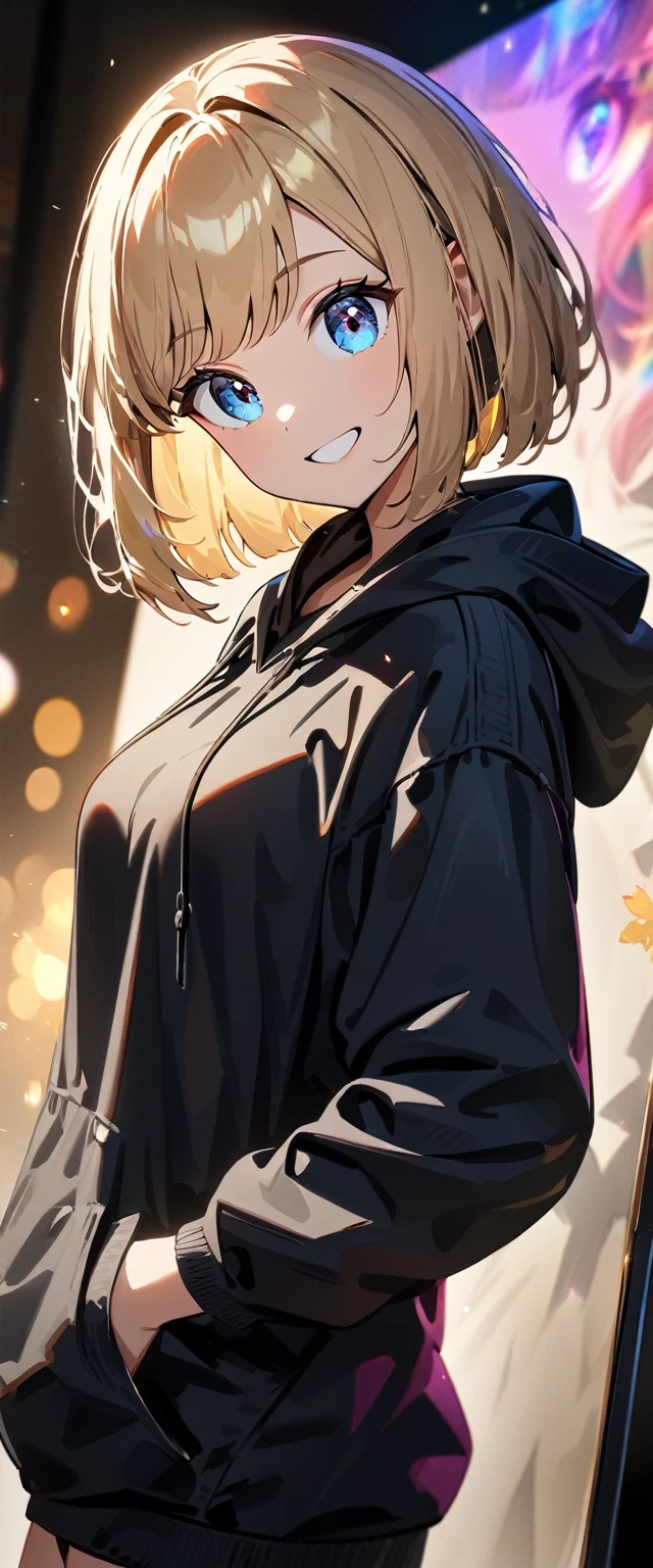 (((One girl))), blond hair, bob cut, (upper body), (looking at viewer), breasts, teenager, head tilt:1.3, (((blue eye))), (from side), selfie, hand in pocket, ((happy smile)), black hoodie, black shorts, anime style, (best quality, 4k, 8k, highres, masterpiece:1.2, ultra-detailed, ultra-detailed eyes, HDR, UHD, studio lighting, ultra-fine painting, sharp focus, physically-based rendering, extreme detail description, professional, vivid colors, bokeh)