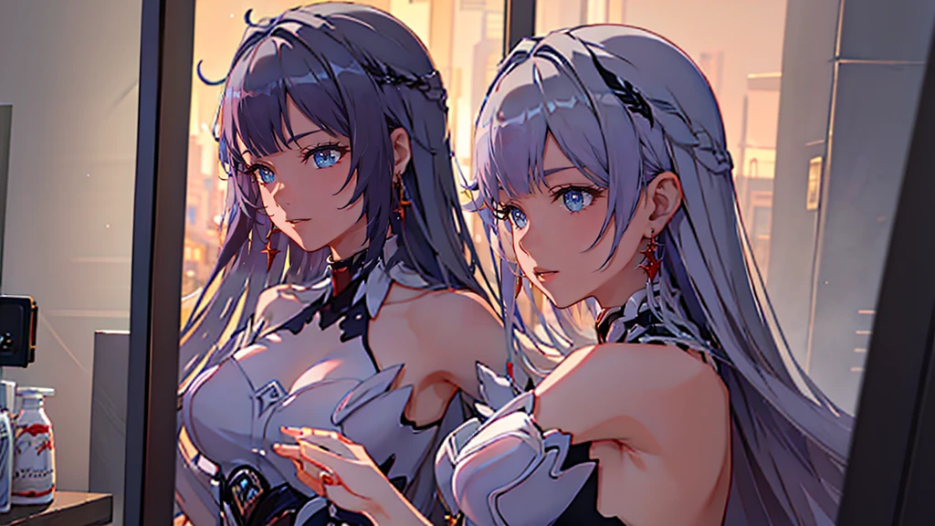 2 girls, selfie in mirror, cute, gray haired long color, purple long hair, hyper detailed, photorealistic, 8k, intricate, delicate skin, gorgeous, elegant, beautiful eyes, long eyelashes, small nose, detailed lips, dynamic pose, soft lighting, warm colors, ambient occlusion, cinematic composition, dslr, professional photography