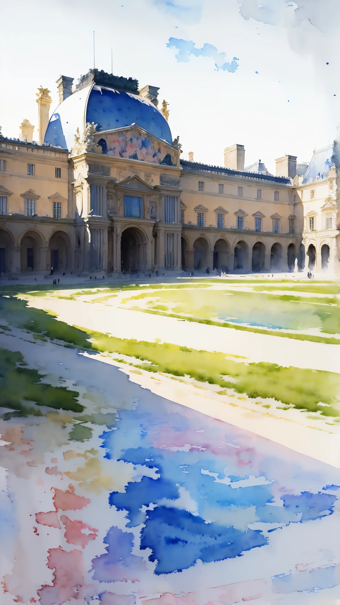 (masterpiece:1.2, Highest quality),(Very detailed),(((watercolor))),8K,wallpaper,Landscape of France,Louvre Museum