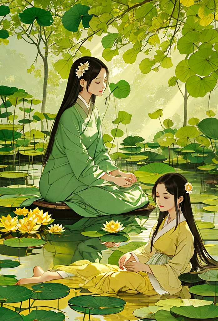 In a tranquil lotus pond, a girl sat in a small boat, gently picking lotus flowers. The pond was filled with lush green leaves and vibrant blossoms. Sunlight filtered through the leaves, casting a gentle, golden glow over the scene.