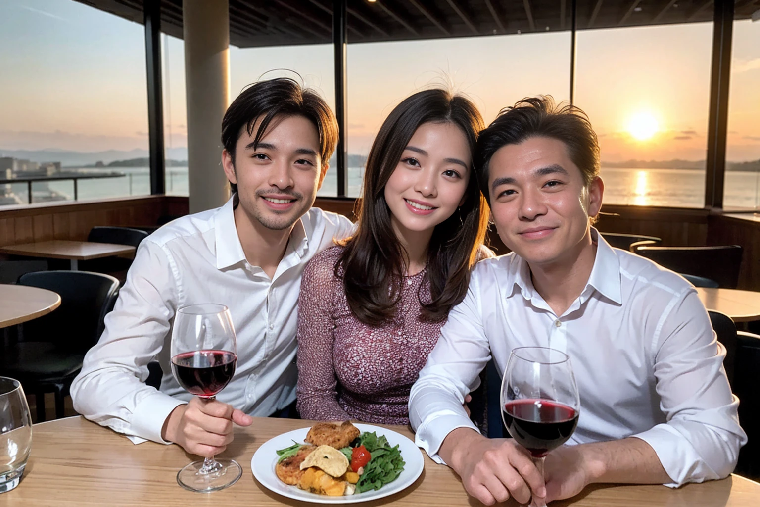 ((Highest quality、8K、masterpiece:1.3))、 (Genuineistic, Genuine、Bright image、Intricate details:1.2), 最高のsmile 男性1人 女性1人、Beautiful couple、spouse、Relatives and friends、spouse、actress couple、smile、Full-course dinner at a packed table、 (Slim face), (the body is slim), (Brown Hair), (short hair), テーブルのwine glass、Please shine a light on my face、 Amazing view of the sunset sky and clouds、 years old)38 years old, red wine 、Appetizers、Wine bottle、sparkling wine、Long sleeve shirt、dress、White wine, red wine, wine glass,