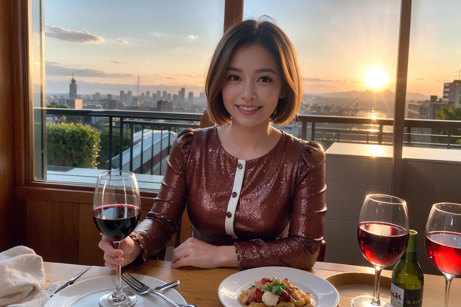 ((Highest quality、8K、masterpiece:1.3))、 (Genuineistic, Genuine、Bright image、Intricate details:1.2), 最高のsmile 男性1人 女性1人、Beautiful couple、spouse、Relatives and friends、spouse、actress couple、smile、Full-course dinner at a packed table、 (Slim face), (the body is slim), (Brown Hair), (short hair), テーブルのwine glass、Please shine a light on my face、 Amazing view of the sunset sky and clouds、 years old)38 years old, red wine 、Appetizers、Wine bottle、sparkling wine、Long sleeve shirt、dress、White wine, red wine, wine glass,